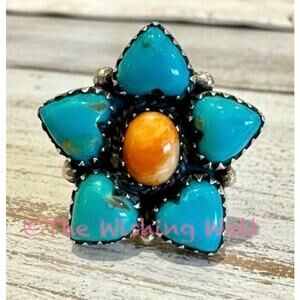 Green Kingman Turquoise & Spiny Oyster Glower Cluster Ring Size 9